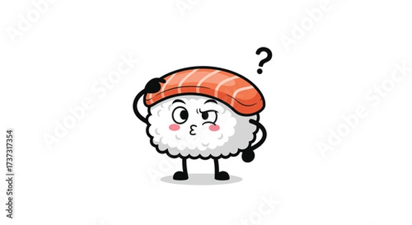 Fototapeta Cute sushi character scratching its head with a question mark floating above its head.