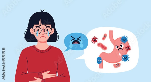Fototapeta Illustrating a person experiencing stomach pain due to an infection caused by germs and bacteria.