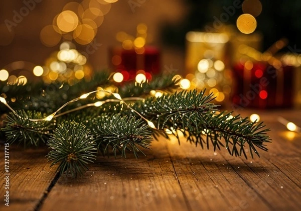 Fototapeta Wooden festive table with fir branch and Christmas lights in foreground, blurred gift boxes and ornaments in background, warm holiday atmosphere with snowfall and cozy celebration mood