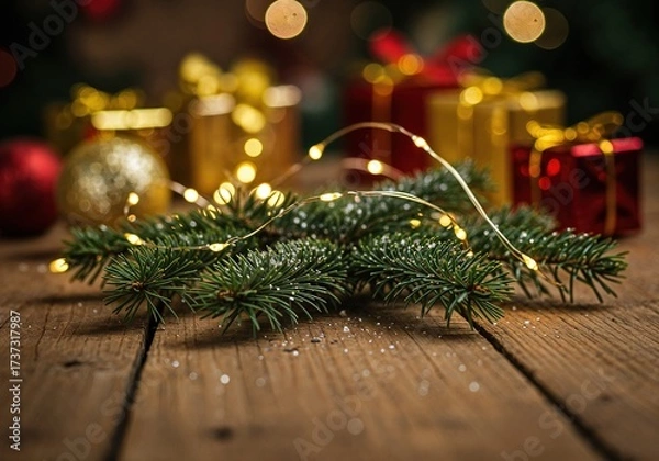 Fototapeta Wooden festive table with fir branch and Christmas lights in foreground, blurred gift boxes and ornaments in background, warm holiday atmosphere with snowfall and cozy celebration mood