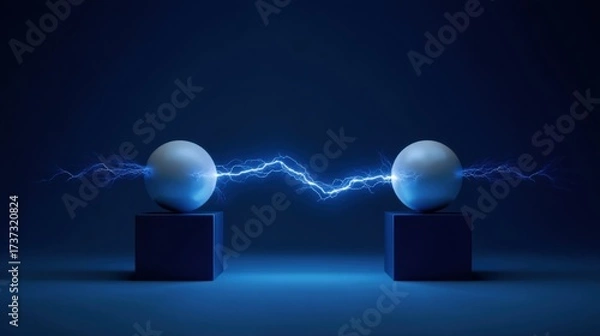 Obraz Two spherical objects emitting electric discharge rest on rectangular mounts against a dark blue background,