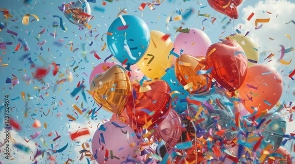Obraz Colorful Balloons and Falling Confetti Against Blue Sky