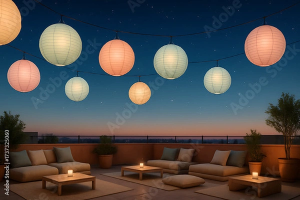 Fototapeta Rooftop lantern oasis with cozy seating, glowing paper lantern, night sky, tranquil, inviting ambiance