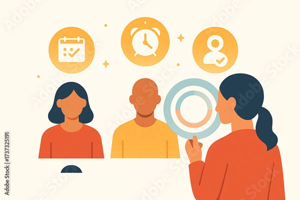 Fototapeta Human resource evaluation harmony, simple composition, teamwork, schedule, clock, profile icon, professional