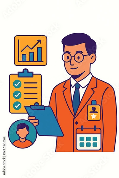 Fototapeta Businessman clipboard checklist chart calendar assessment performance evaluation professional smiling