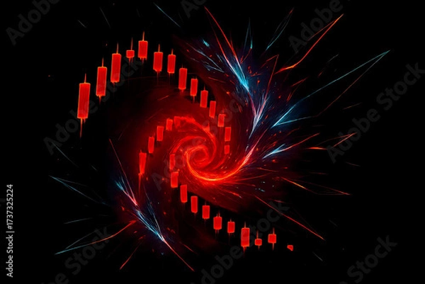 Fototapeta Fractal market collapse abstract red spiral candlestick chart digital art financial crisis energy dynamic glowing blue black