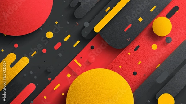 Fototapeta Abstract geometric background of circles, rectangles and lines in black, red and yellow colors
