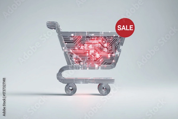 Fototapeta A shopping cart in the shape of a microchip with a red "sale" sign on a light background
