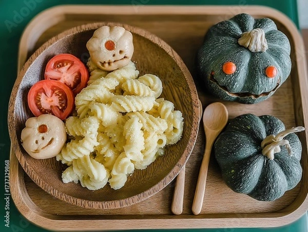 Fototapeta Hyper-Realistic Kids' Playroom-Style Food: Mac & Cheese, Tomato with Eyes, Smiling Wooden Utensils, Acorn Melon Monster Carvings (Side Fruits) Green Background Stock