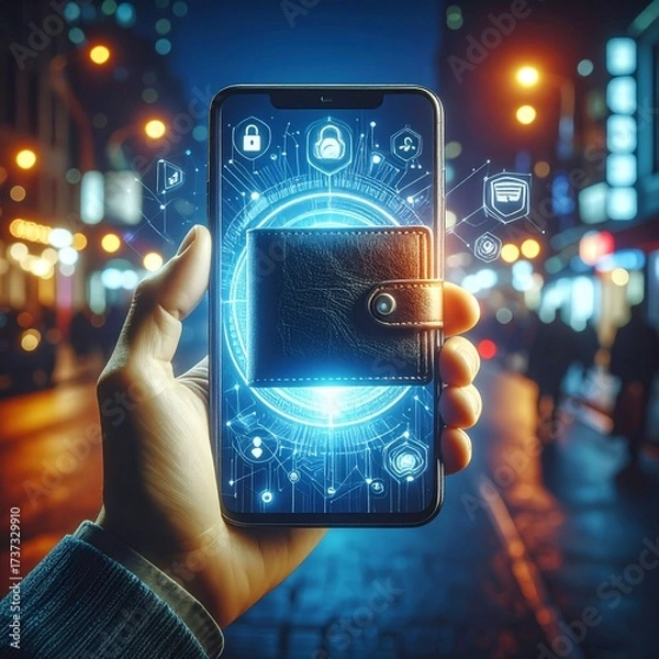 Fototapeta Digital Wallet in Hand: A high-tech, photorealistic representation of a digital wallet interface on a smartphone, held in a hand against a bustling city night scene.