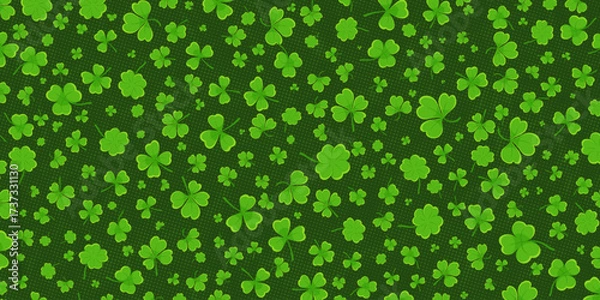Fototapeta Shamrock or green clover leaves pattern background flat design vector illustration. St Patrick Day shamrock symbols decorative elements horizontal pattern texture.
