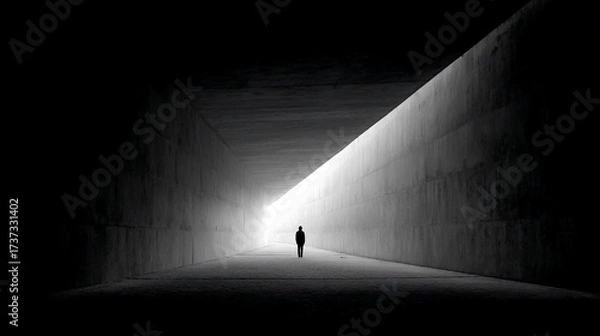 Fototapeta Silhouette of person walking into bright tunnel entrance, emphasizing journey or anticipation