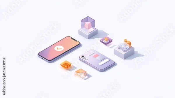 Fototapeta Isometric phone with approval check mark, digital objects, on white background, for app UI design