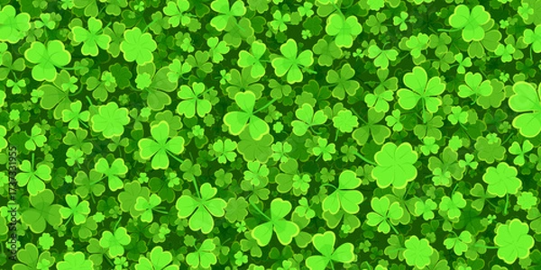 Fototapeta Shamrock or green clover leaves pattern background flat design vector illustration. St Patrick Day shamrock symbols decorative elements horizontal pattern texture.