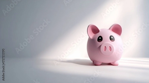 Fototapeta Pink piggy bank stands with its sad eyes looking to the light, saving