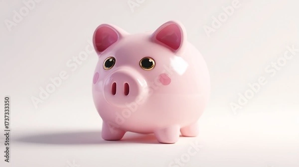 Fototapeta Pink piggy bank stands alone, casting a shadow on a white background, suggesting savings