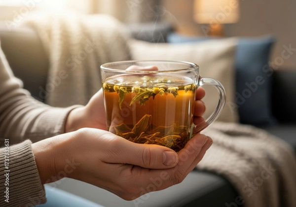 Fototapeta Warmth in a Cup: Hands gently cradle a transparent mug filled with golden herbal infusion, the essence of comfort and tranquility in a cozy, sunlit indoor scene.