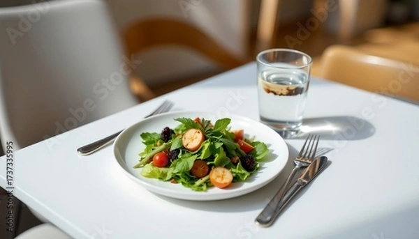 Fototapeta a dining setting with a meal on a white plate placed on a table