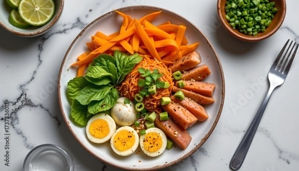 Fototapeta a meal served on a marble table. at the center of the scene is a plate holding a salad with carrots, a scoop of fried rice, eggs, and meat