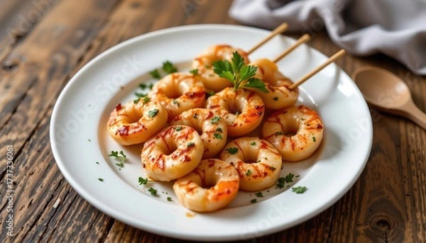 Fototapeta shrimp dish on a plate with a spoon, on a table.