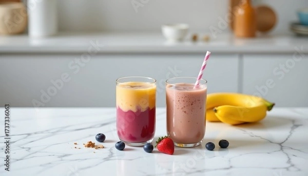 Fototapeta two glasses of colorful smoothie blends placed on a white marble countertop in front of a kitchen cabinet