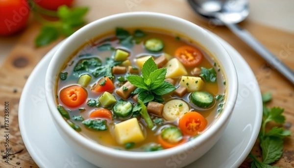 Fototapeta a bowl of soup filled with vegetables sits on a table.