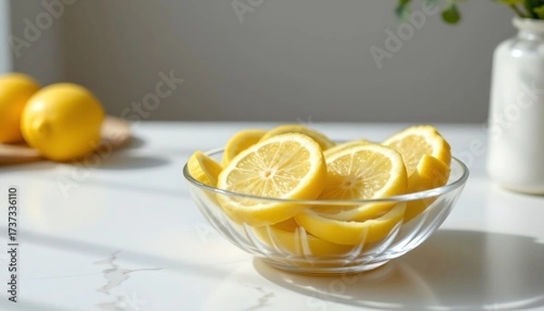 Fototapeta a clear glass bowl containing sliced yellow lemons, placed on a table with a white surface