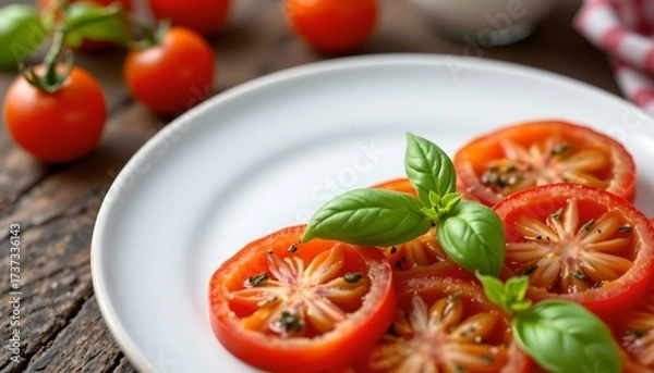 Fototapeta a plate with sliced red tomatoes arranged neatly. the tomatoes have a fresh appearance, and some herbs are visible on top, suggesting a culinary theme