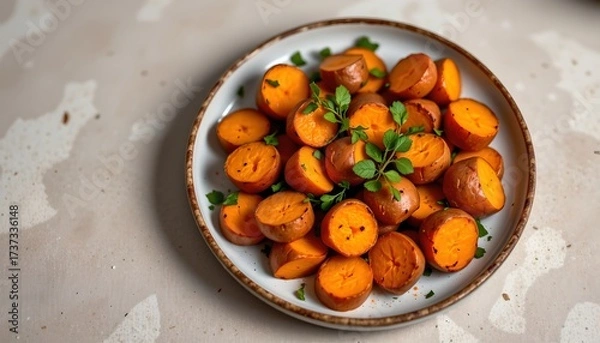 Fototapeta a bowl of orange carrots arranged in neat rows on a white surface, placed on a table with a wooden top