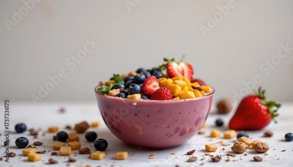 Fototapeta a bowl of berry smoothie sits atop a counter, topped with granola and nuts, with strawberries scattered around it.