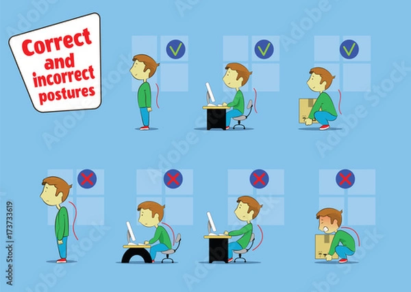 Obraz Fun cartoon boy sitting, working and lifting heavy things