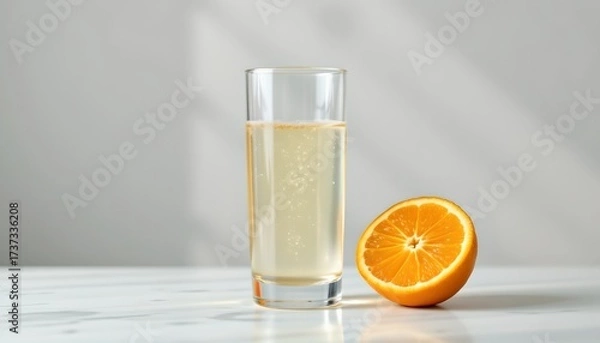 Fototapeta a tall glass filled with a clear, golden hued liquid that resembles champagne, placed on a clean, white surface