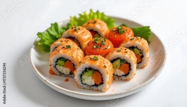 Fototapeta a plate of sushi rolls topped with fresh fish. the rolls are presented against a light background, and there's an option to add a sauce for dipping.