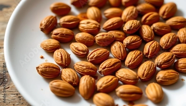 Fototapeta a white plate with a cluster of whole almonds. these nuts are round and have a smooth surface, with visible creases that suggest they've been roasted or salted