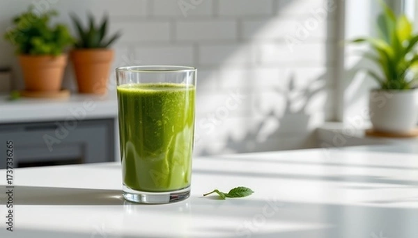 Fototapeta a glass of green juice is sitting on a kitchen counter in front of a window with sunlight filtering through blinds