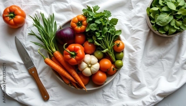 Fototapeta a tabletop with a variety of fresh vegetables and carrots prominently displayed in bowls. a knife rests among the bowls, suggesting preparation for cooking
