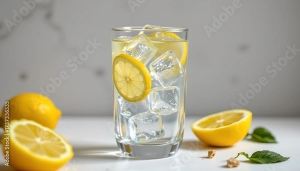 Fototapeta a tall glass of ice water filled with lemon slices, placed on a surface near sliced lemons and sprigs of mint.