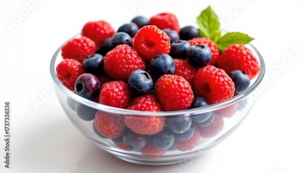 Fototapeta a bowl filled with fresh blueberries and red raspberries is prominently displayed against a plain background.
