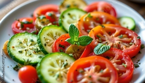 Fototapeta a vibrant assortment of fresh vegetables, with slices of cucumber, juicy tomatoes, and a hint of mint leaves. the plate is placed on a surface, ready to be enjoyed.