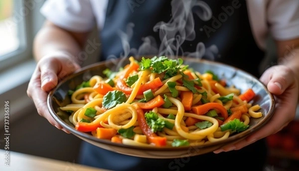Fototapeta a close up of someone's hands holding a bowl full of pasta noodles topped with diced red peppers and chopped green cilantro