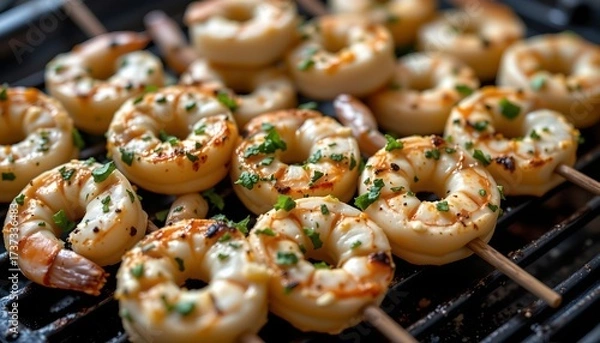 Fototapeta a close up view of a food preparation area featuring shrimp skewers with a garlic and herb glaze.