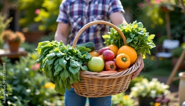 Fototapeta a person holding a basket full of fresh produce, including leafy greens and tomatoes, set against the backdrop of a garden with various plants.