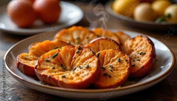 Fototapeta a plate of sliced roasted butternut squash with herbs, set against an out of focus background that includes fruits and perhaps a drink, conveying a festive or seasonal me