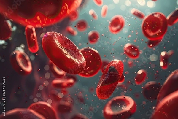 Fototapeta Photorealistic microscopic view of red blood cells with a single white cell