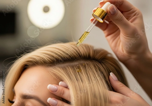 Fototapeta Hair Care Therapy: A skilled esthetician meticulously applies nourishing hair oil to the scalp of a client with exquisite care and precision, embodying beauty and wellness.