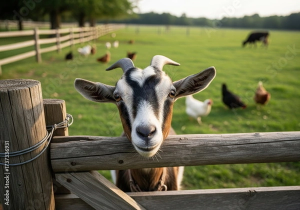 Fototapeta Goat Peeking Over a Fence: A curious goat peers over a rustic wooden fence, with a farmyard scene.  A captivating photo revealing a moment of candidness, the epitome of rural tranquility.