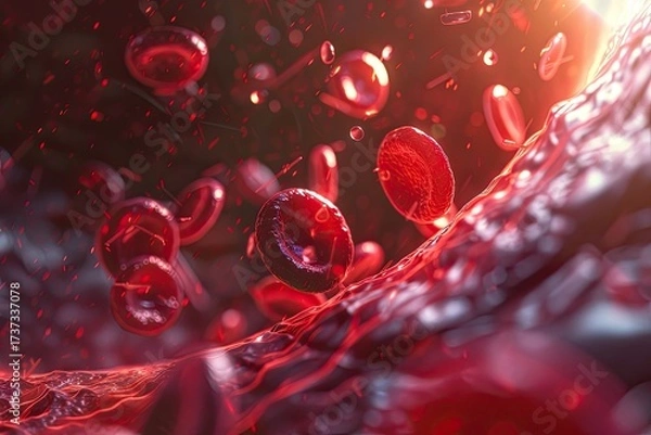 Fototapeta Photorealistic microscopic view of red blood cells with a single white cell