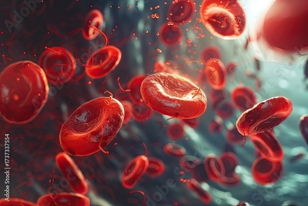 Fototapeta Photorealistic microscopic view of red blood cells with a single white cell