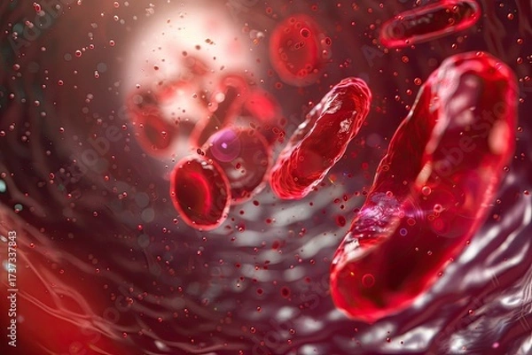 Fototapeta Photorealistic microscopic view of red blood cells with a single white cell