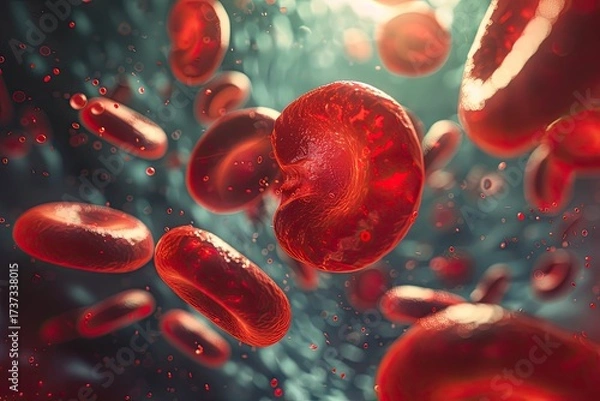 Fototapeta Photorealistic microscopic view of red blood cells with a single white cell
